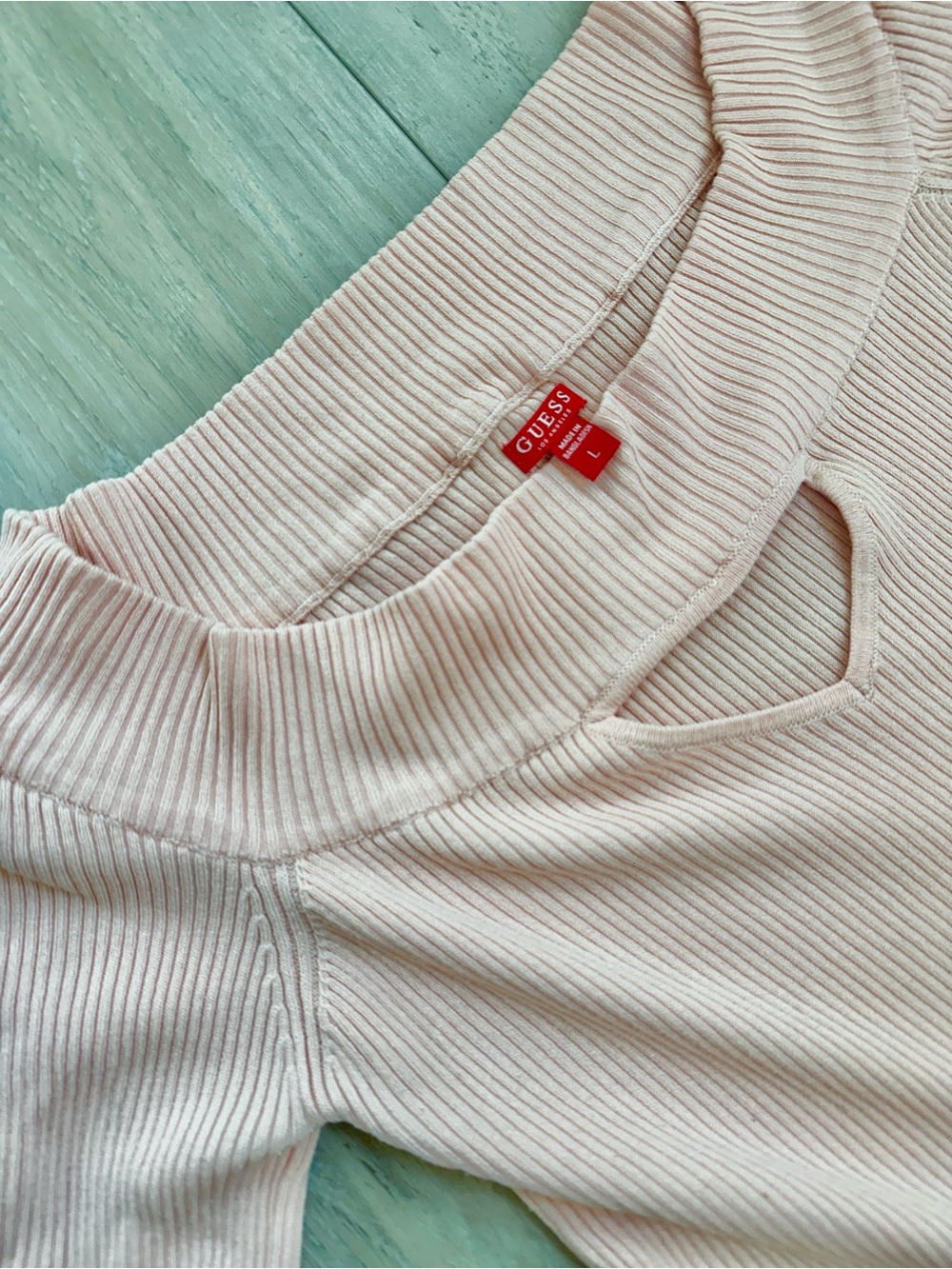GUESS Women's Pale Pink Ribbed Long Sleeve Top with Front Cutout